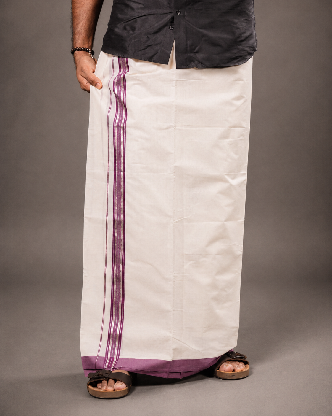 Enteloom Fancy Double Mundu with Maroon And Silver Kara