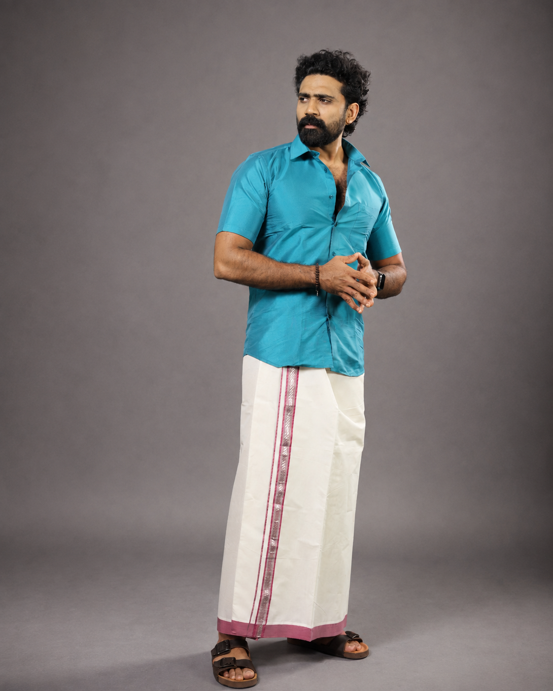 Enteloom Fancy Double Mundu with Pink And Silver Kara