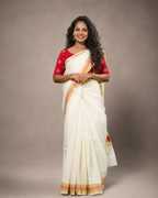 Enteloom Kerala Cotton Kasavu Saree In Orange And Golden Border