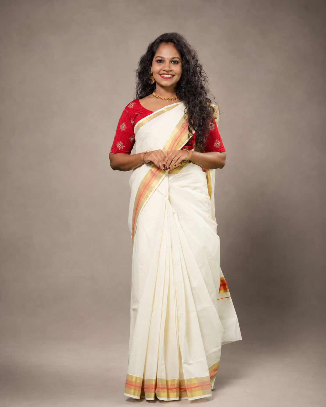 Enteloom Kerala Cotton Kasavu Saree In Orange And Golden Border