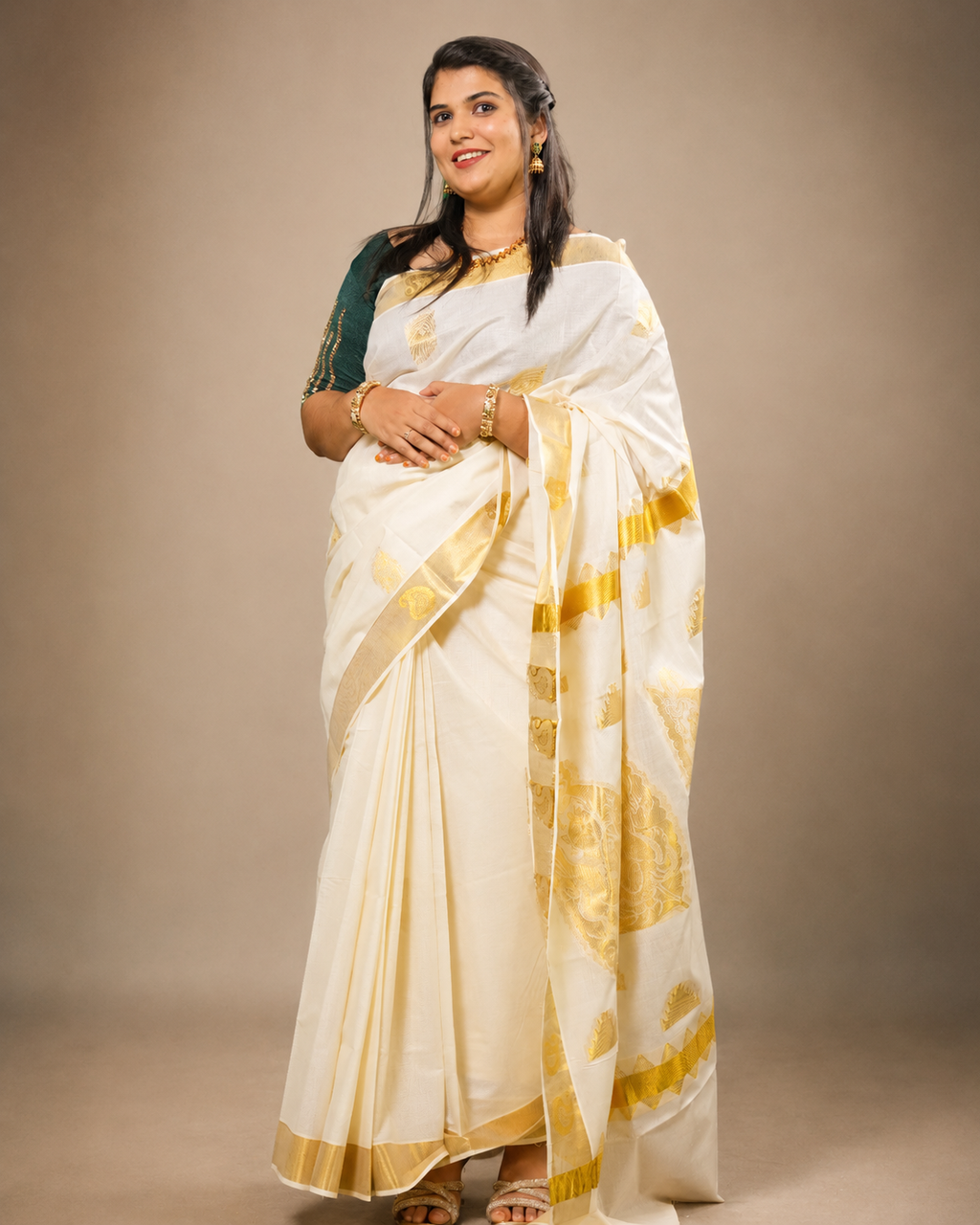 Enteloom Pure Cotton Kerala Kasavu Saree with Krishna pattern threaded with golden colour thread and Temple Border