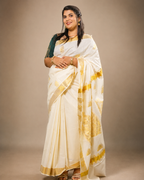 Enteloom Pure Cotton Kerala Kasavu Saree with Krishna pattern threaded with golden colour thread and Temple Border