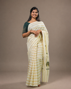 Enteloom Kerala Cotton Kasavu Saree with Green Peacock Embroidery Works on Body