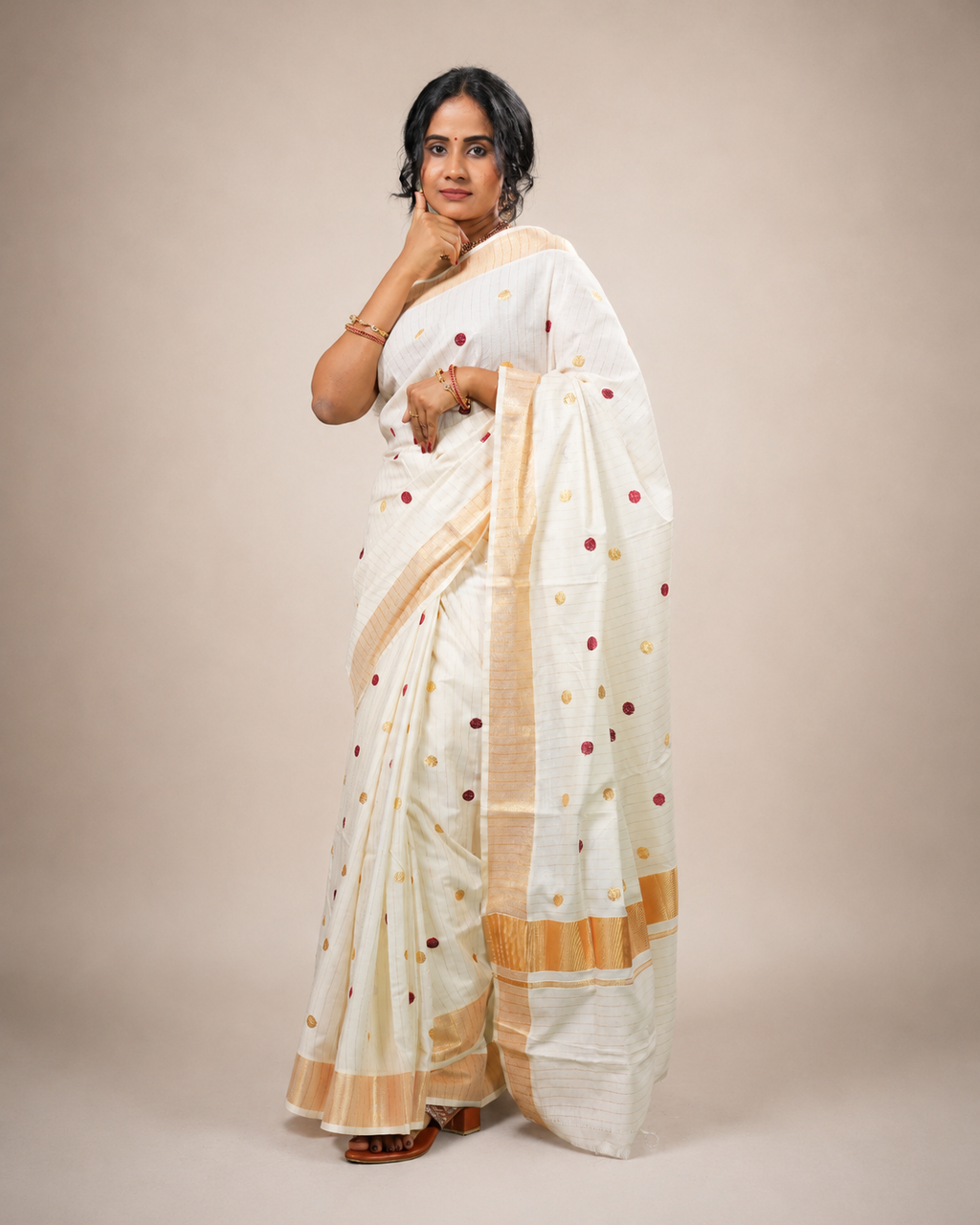 Enteloom Kerala Cotton Kasavu Saree with Maroon and Golden Polka Dots Embroidery Works on Body