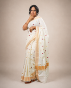 Enteloom Kerala Cotton Kasavu Saree with Maroon and Golden Polka Dots Embroidery Works on Body