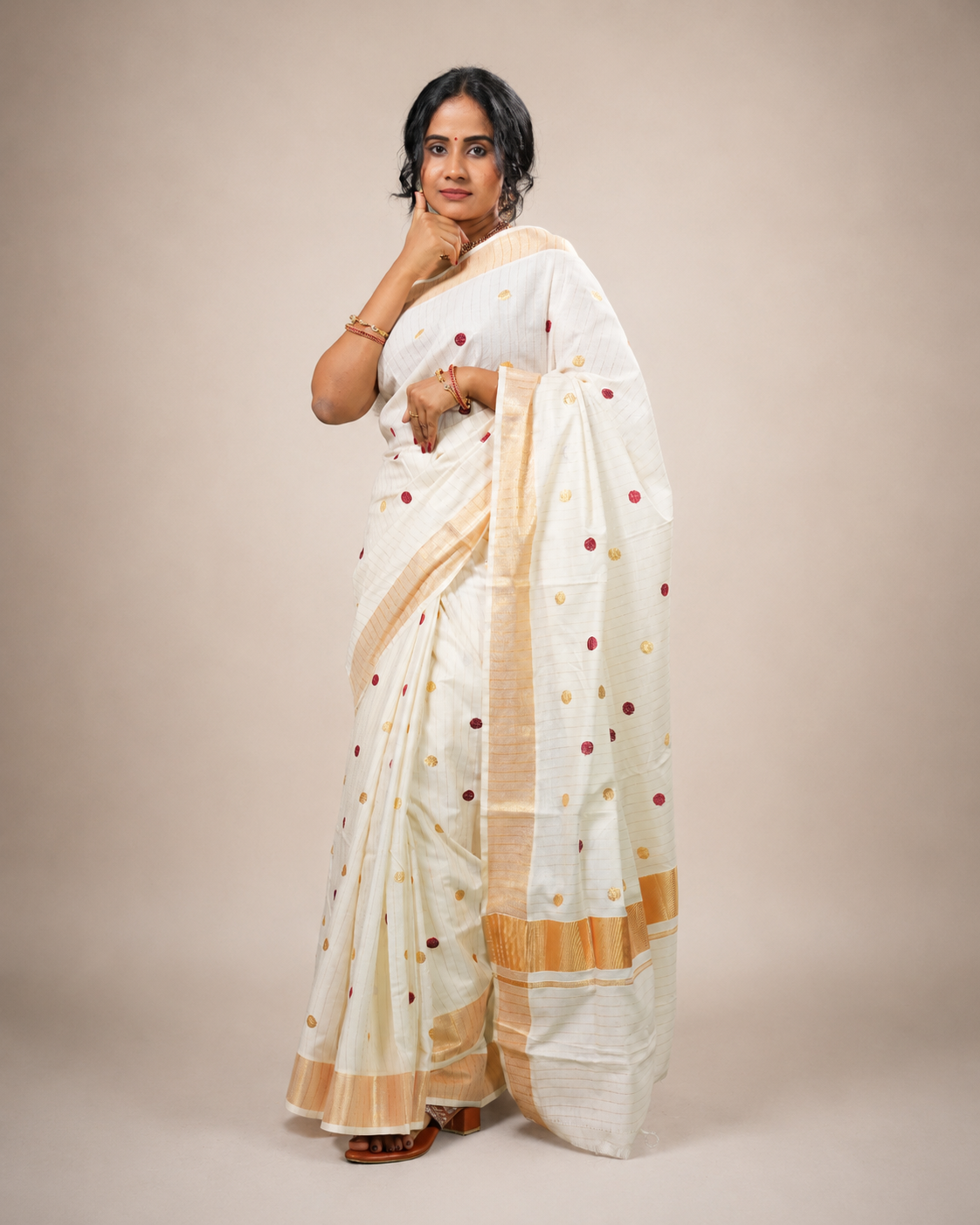 Enteloom Kerala Cotton Kasavu Saree with Maroon and Golden Polka Dots Embroidery Works on Body