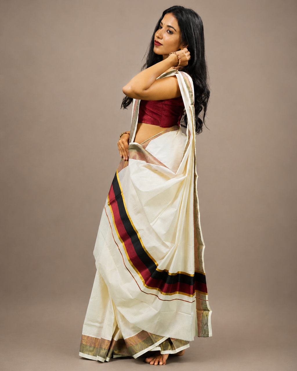 Enteloom Kerala Cotton Kasavu Saree with Black And Maroon Border
