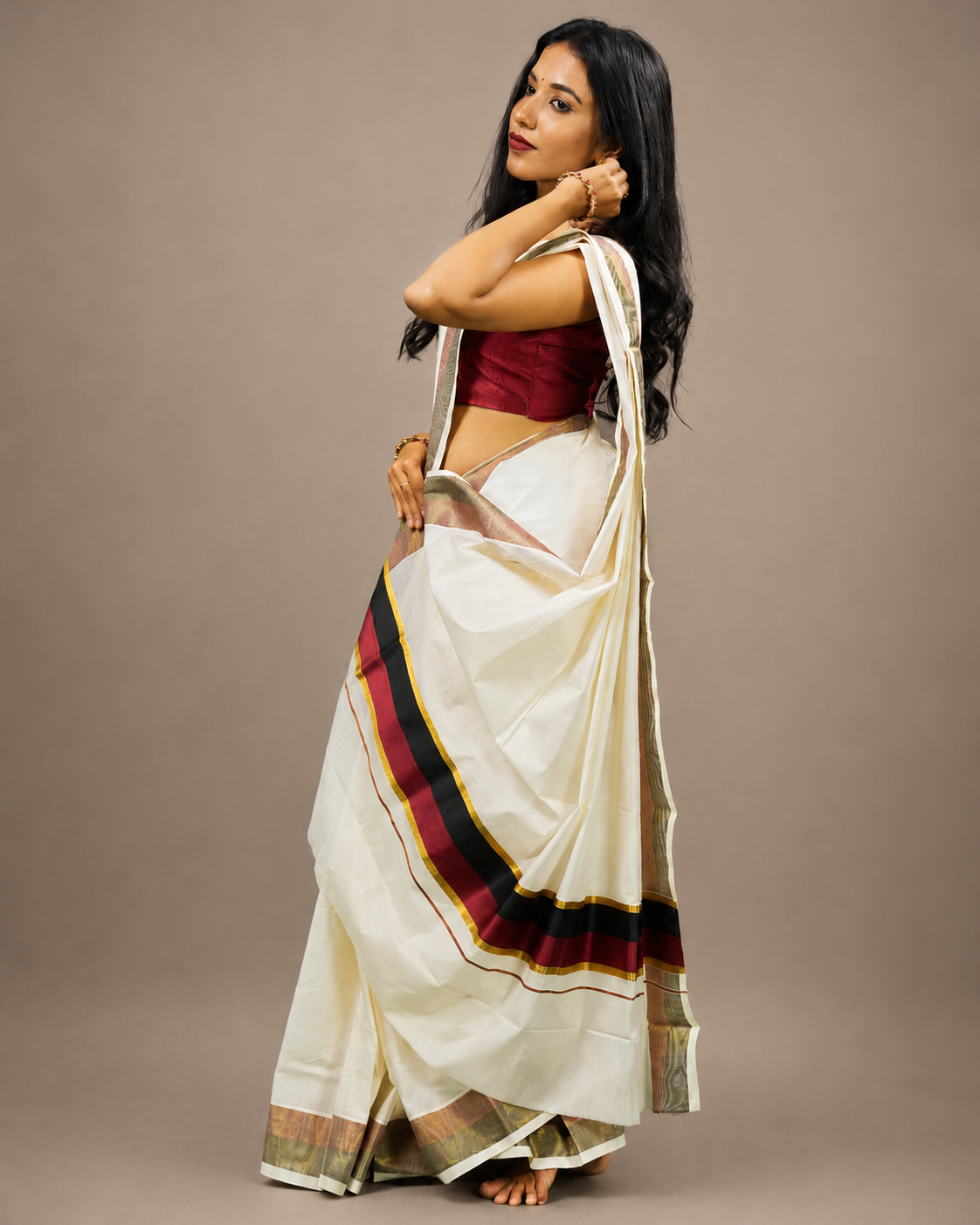 Enteloom Kerala Cotton Kasavu Saree with Black And Maroon Border