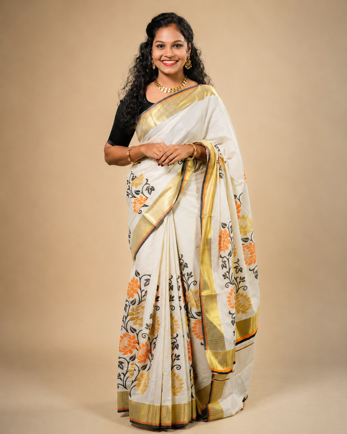 Enteloom Kerala Cotton Kasavu Saree with Floral Print, Black And Orange Border