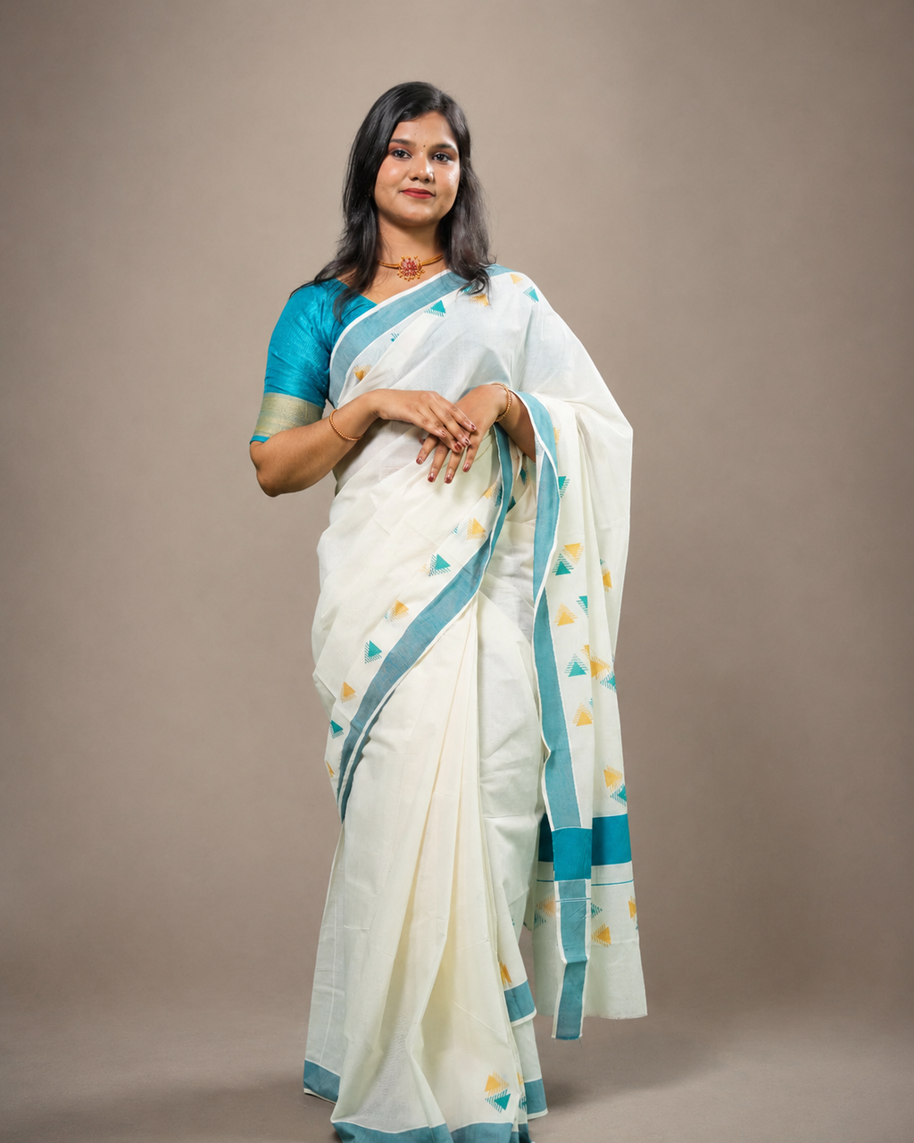 Enteloom Kerala Cotton Saree with Cyan And Golden Print, Cyan Border