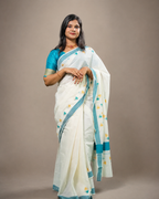 Enteloom Kerala Cotton Saree with Cyan And Golden Print, Cyan Border