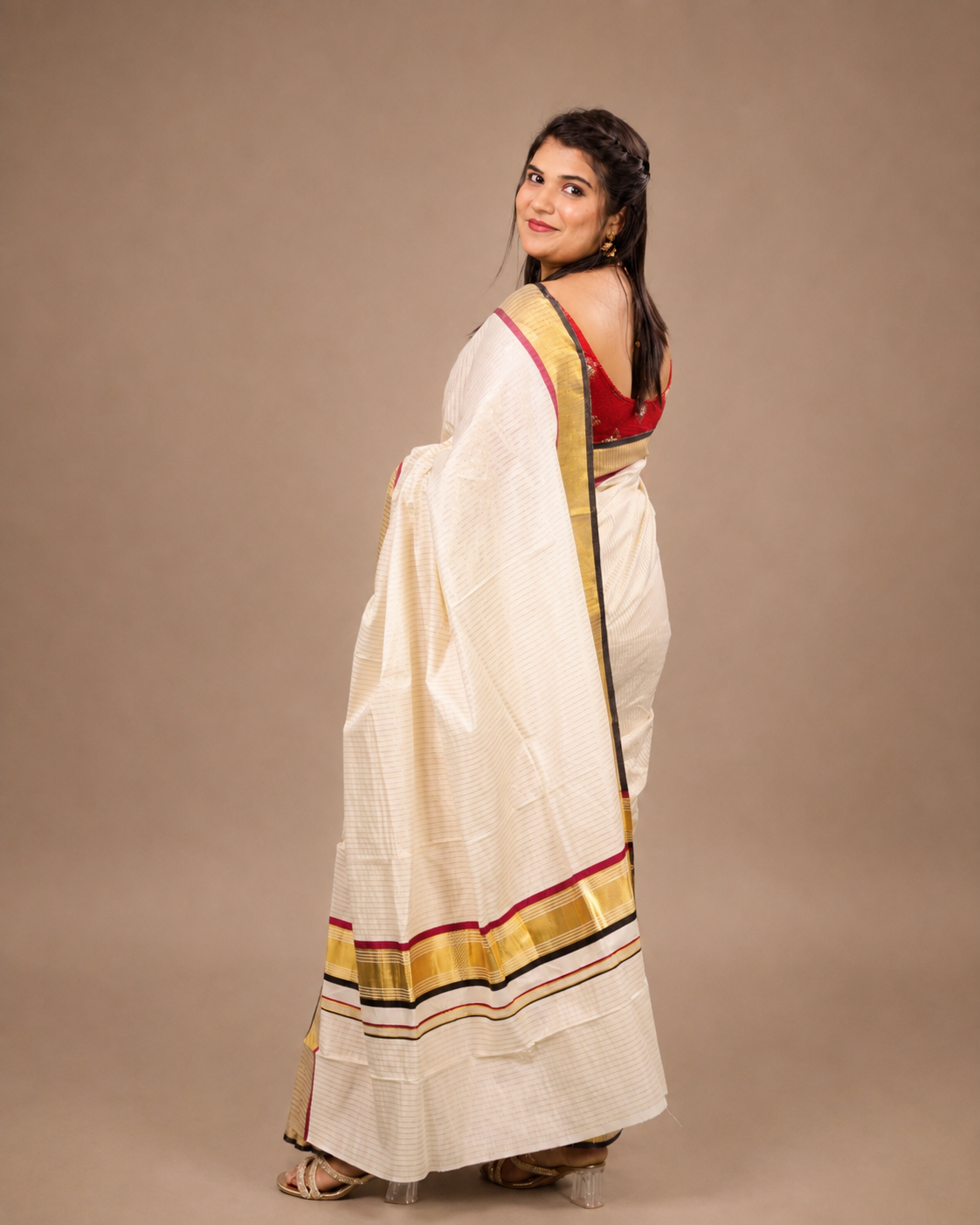 Enteloom Kerala Saree Pure Cotton With stripe, Red and Black Border