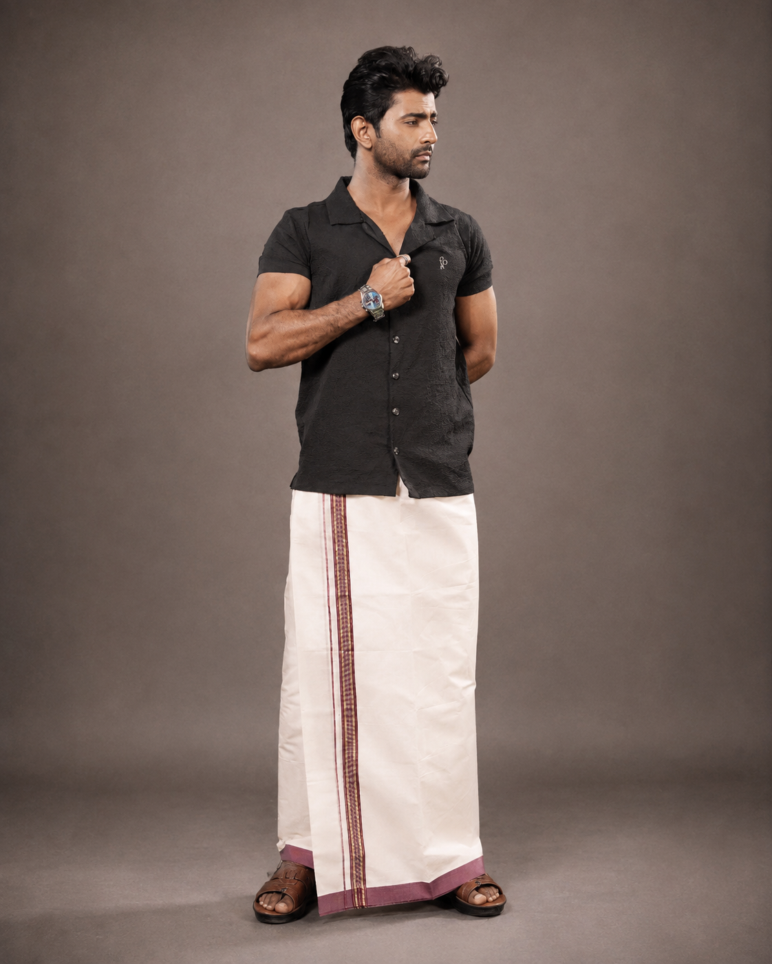 Enteloom Fancy Double Mundu with Maroon And Gold Kara