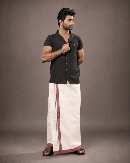 Enteloom Fancy Double Mundu with Maroon And Gold Kara