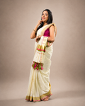 Enteloom Kerala Cotton Saree with Checks, Golden, Pink And Green Border