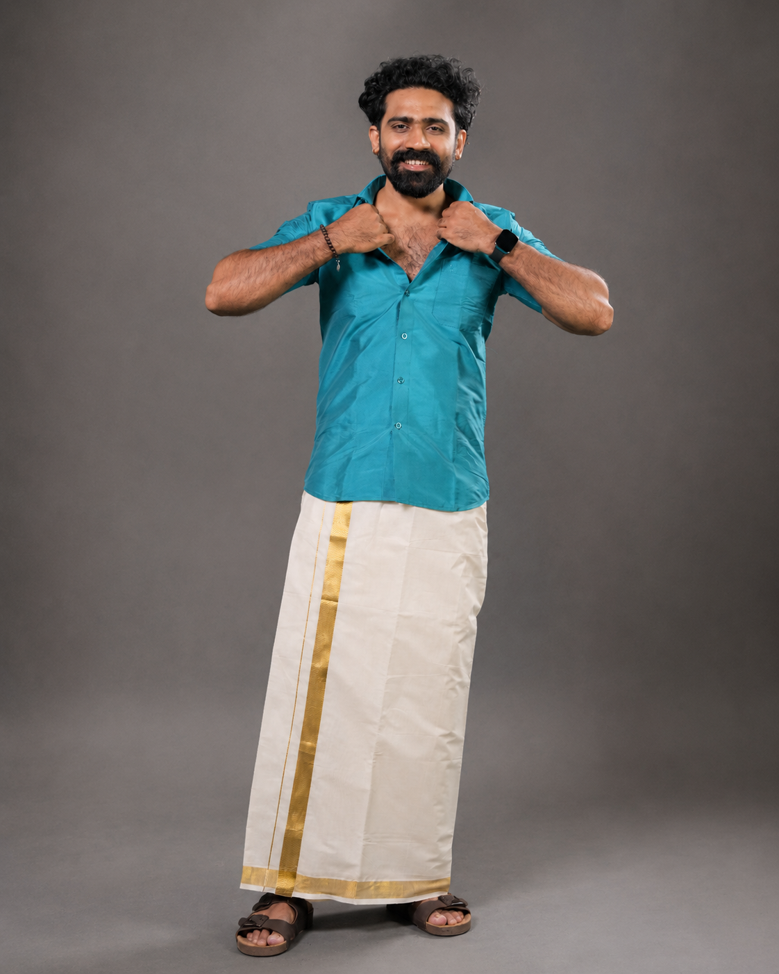 Enteloom 1 1/2 inch Gold Kerala Pure Cotton Double Mundu