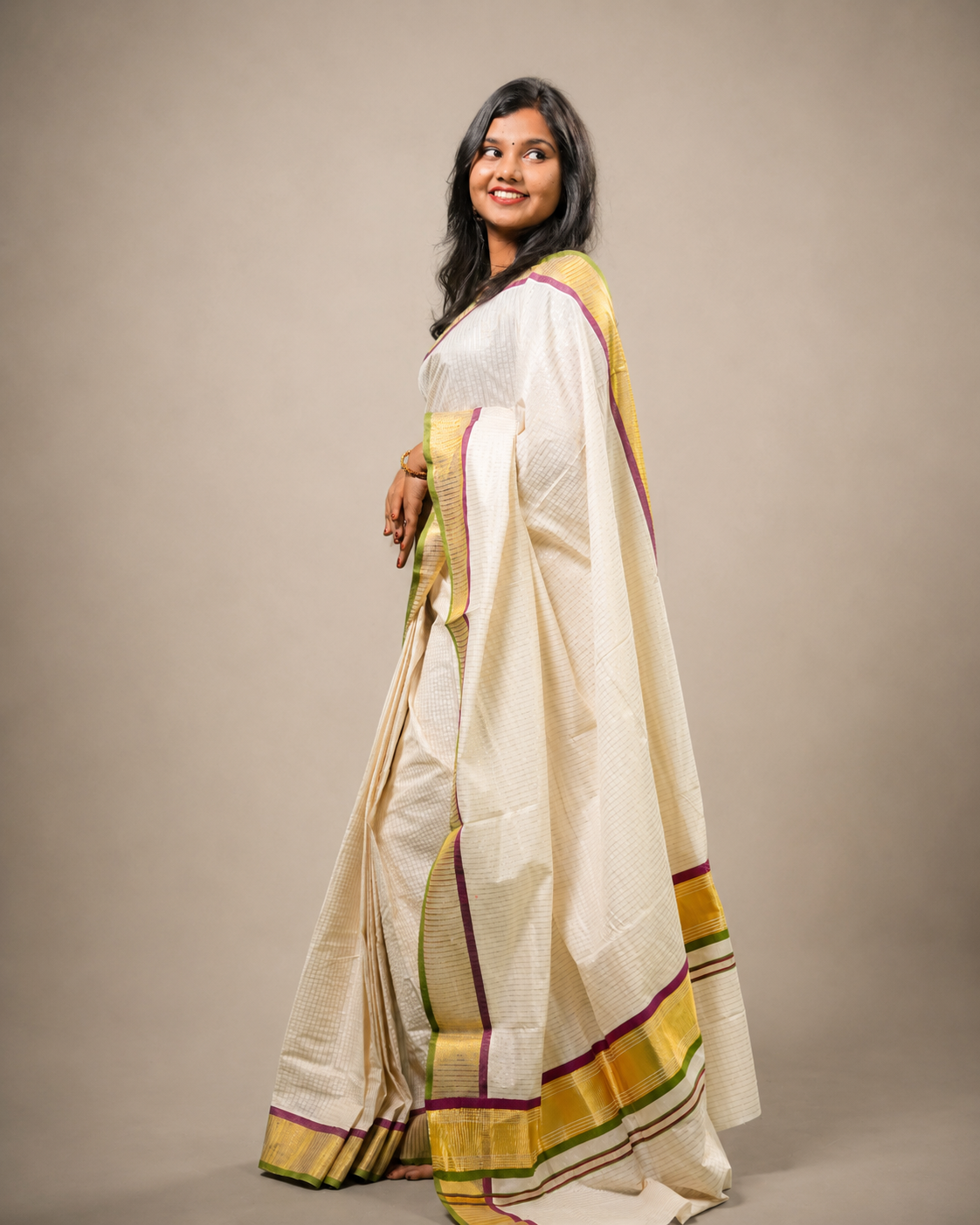 Enteloom Cotton Kerala Saree with Green Maroon and golden stripes