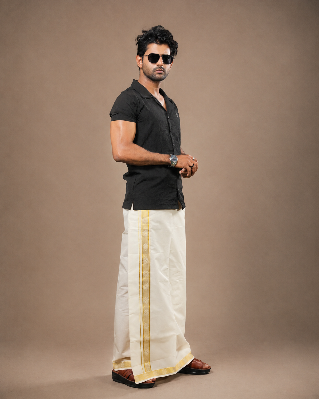 Enteloom Unakkupaavu Handloom Kasavu Double Mundu (80x80) with Jacquard Kasavu Design Border