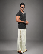 Enteloom Unakkupaavu Handloom Kasavu Double Mundu (100x100) with Jacquard Kasavu Design Gold Border