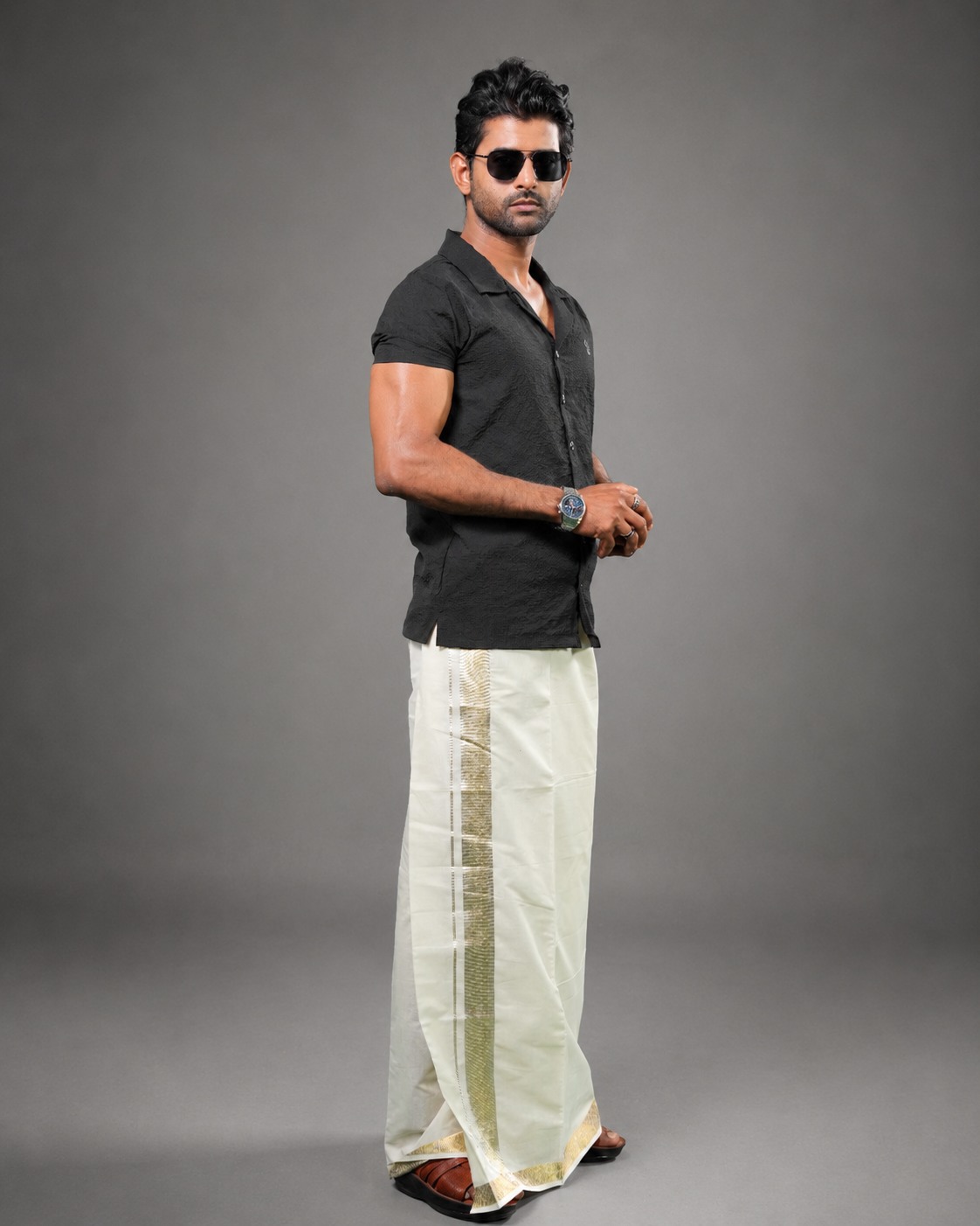 Enteloom Unakkupaavu Handloom Kasavu Double Mundu (100x100) with Jacquard Kasavu Design Gold Border