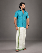 Enteloom Fancy Double Mundu with Green, Gold And Silver Kara