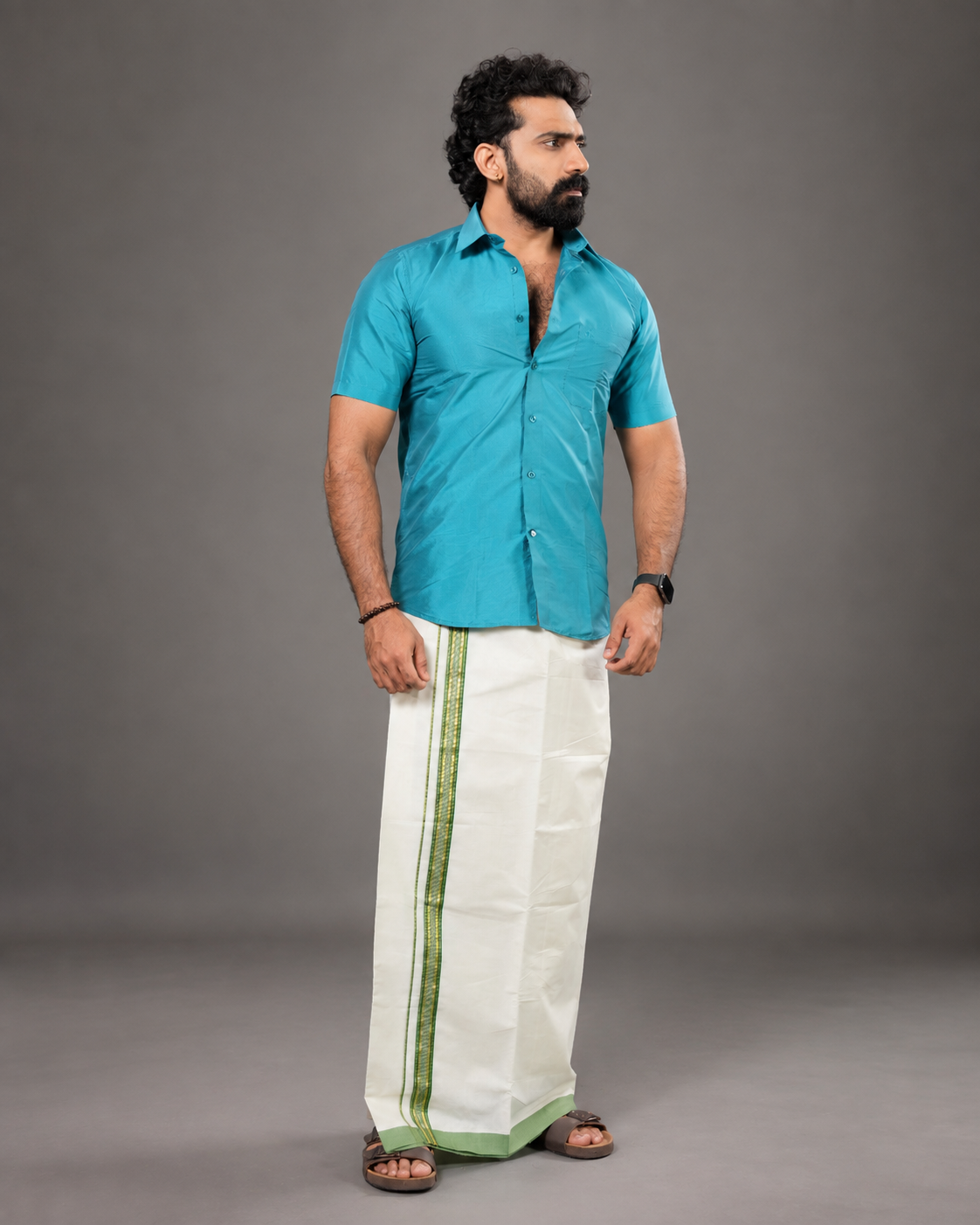 Enteloom Fancy Double Mundu with Green, Gold And Silver Kara