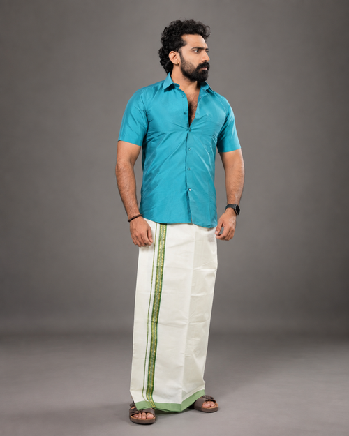 Enteloom Fancy Double Mundu with Green, Gold And Silver Kara