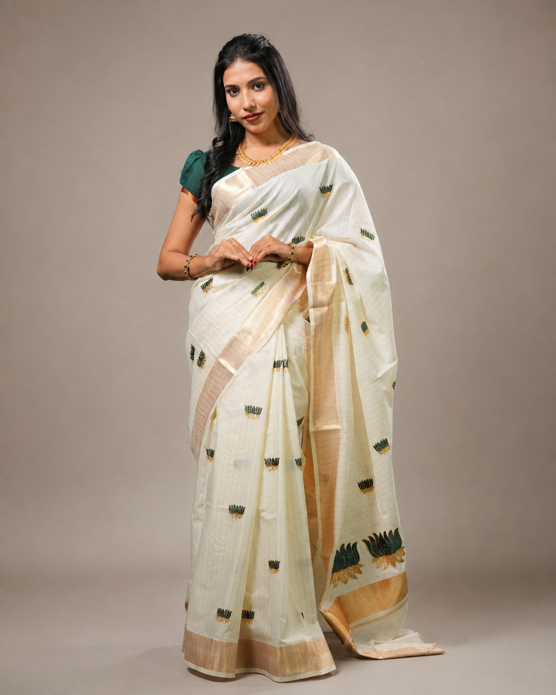 Enteloom Cotton Kerala Saree with heavy Lotus Embroidery works and stripes