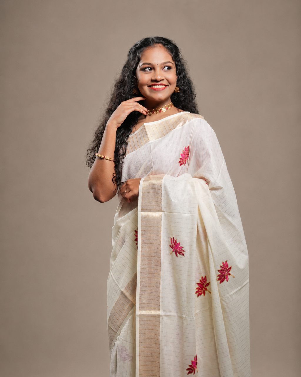 Enteloom Cotton Kerala Saree with heavy Maroon Lotus Embroidery works and stripes