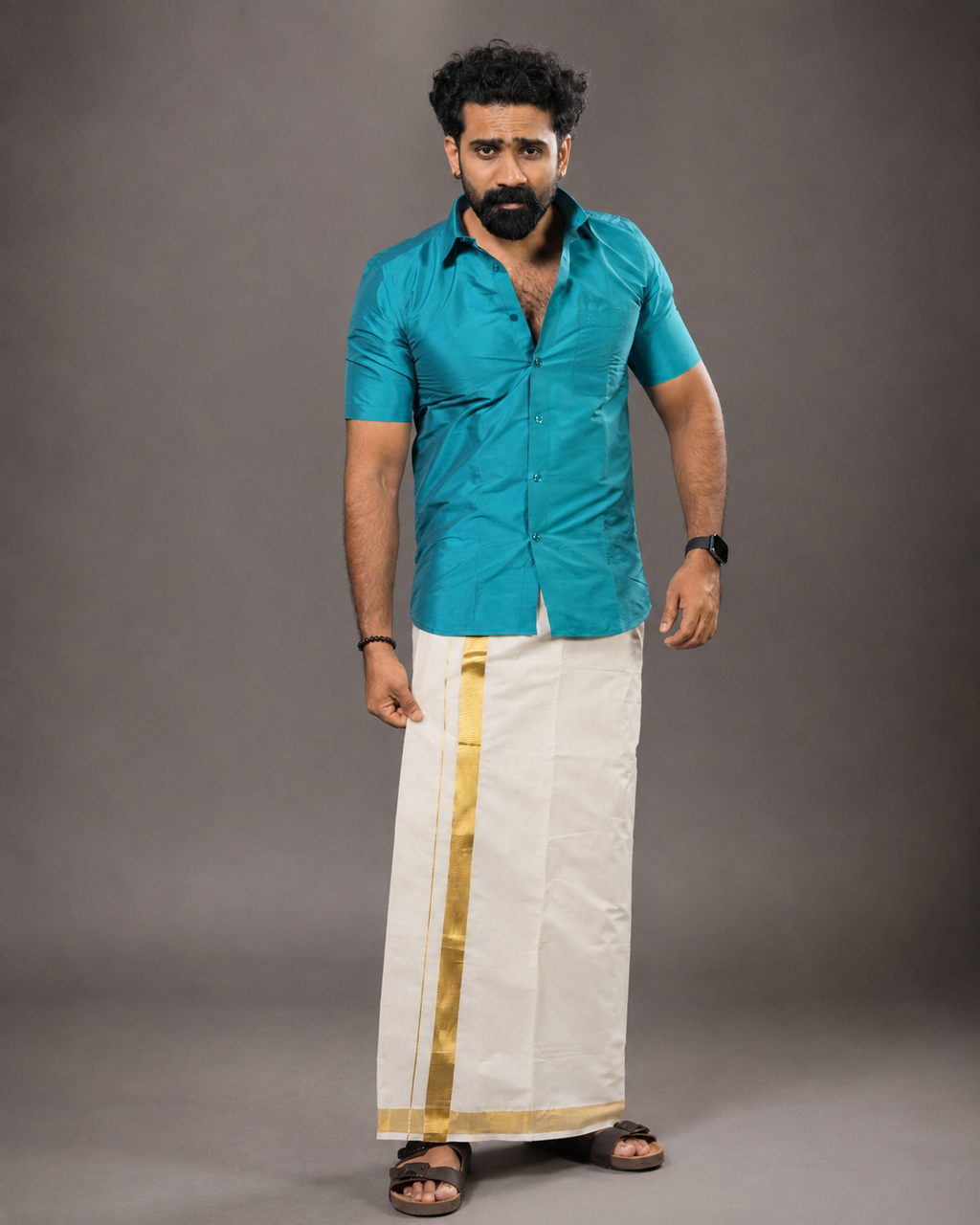 Enteloom 1 1/2 inch Gold Kerala Pure Cotton Double Mundu