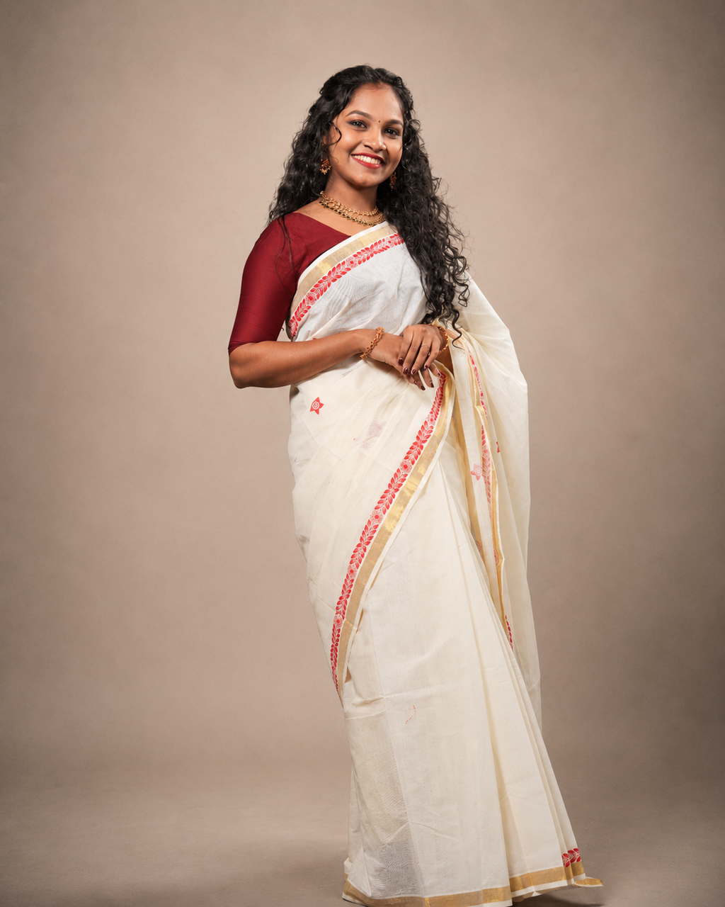 Enteloom Cotton Kerala Saree with Red Floral print