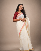 Enteloom Cotton Kerala Saree with Red Floral print