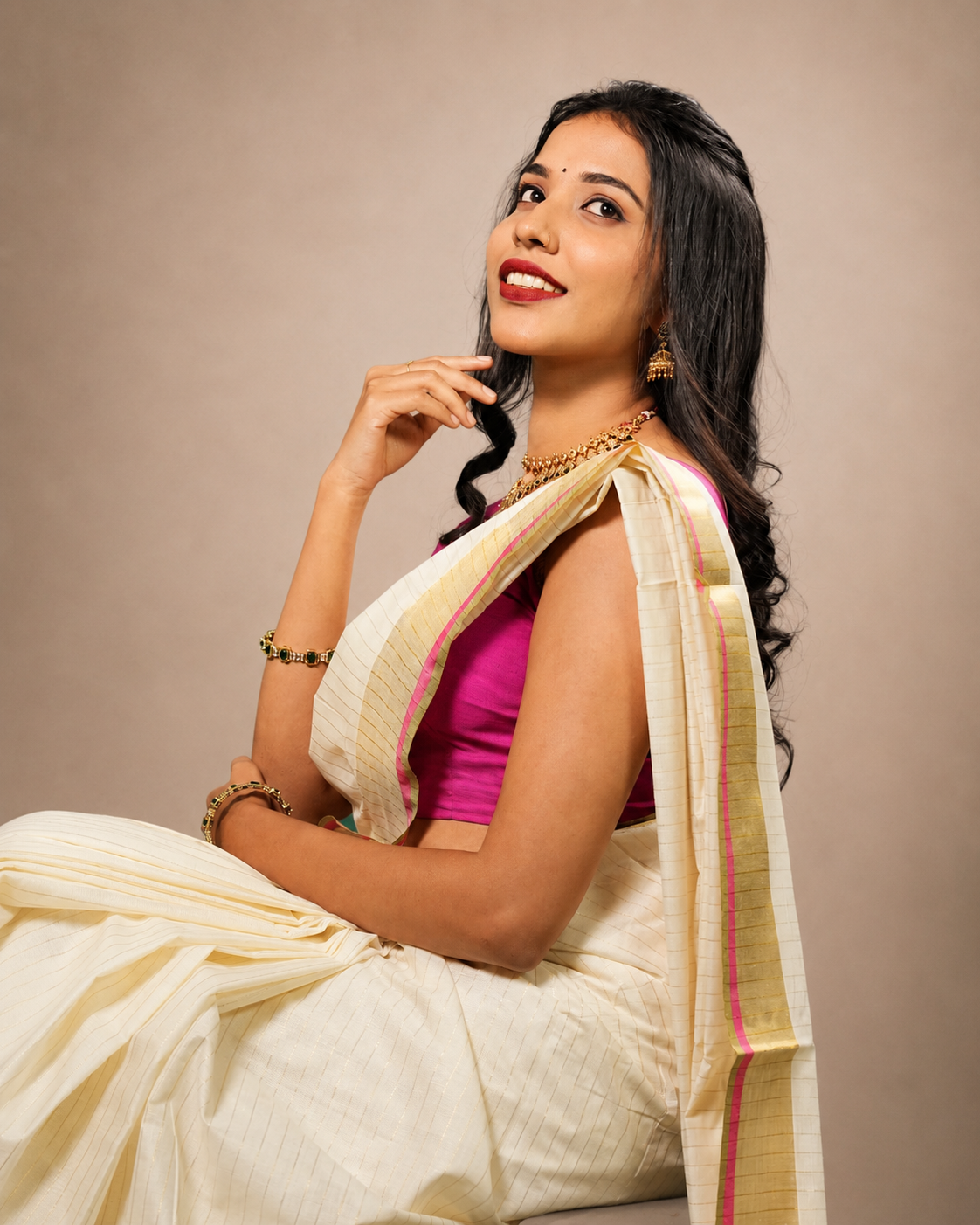 Enteloom Kerala Cotton Saree with Checks, Golden, Pink And Green Border