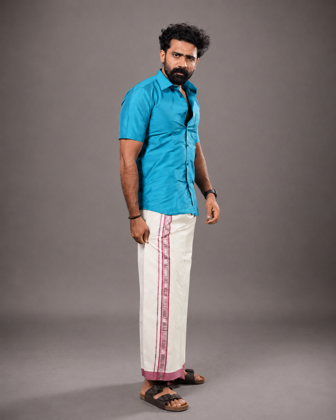 Enteloom Fancy Double Mundu with Pink And Silver Kara