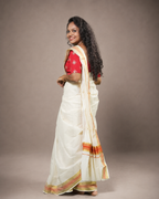Enteloom Kerala Cotton Kasavu Saree In Orange And Golden Border