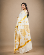 Enteloom Pure Cotton Kerala Kasavu Saree with Krishna pattern threaded with golden colour thread and Temple Border