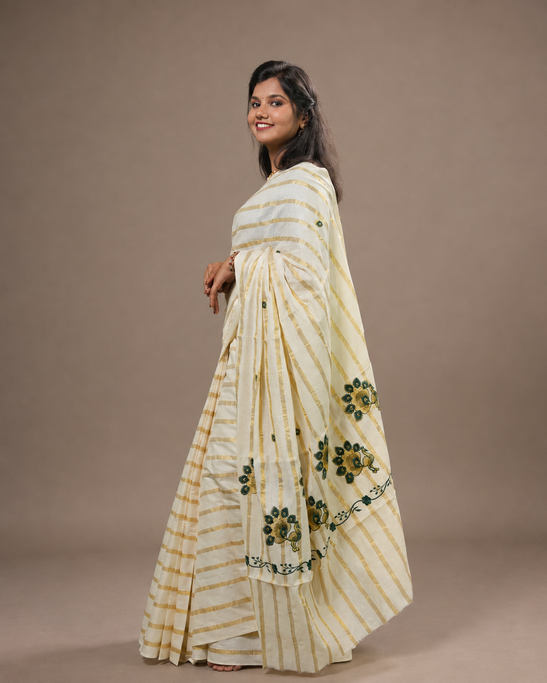 Enteloom Kerala Cotton Kasavu Saree with Green Peacock Embroidery Works on Body