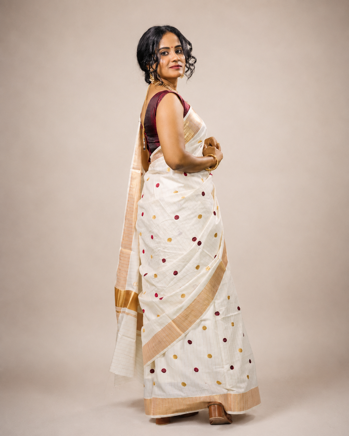 Enteloom Kerala Cotton Kasavu Saree with Maroon and Golden Polka Dots Embroidery Works on Body