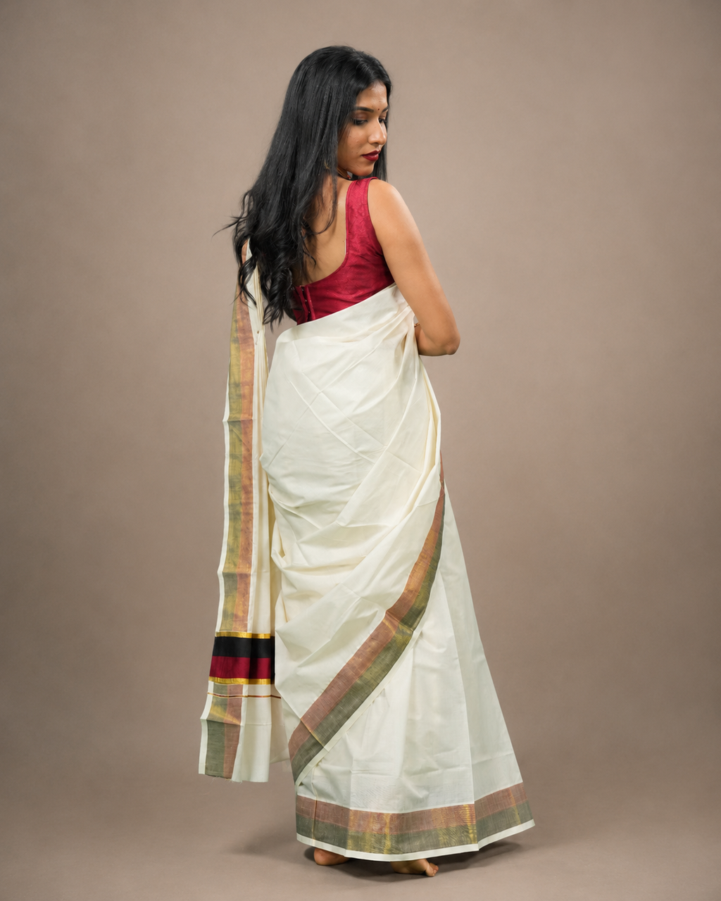 Enteloom Kerala Cotton Kasavu Saree with Black And Maroon Border