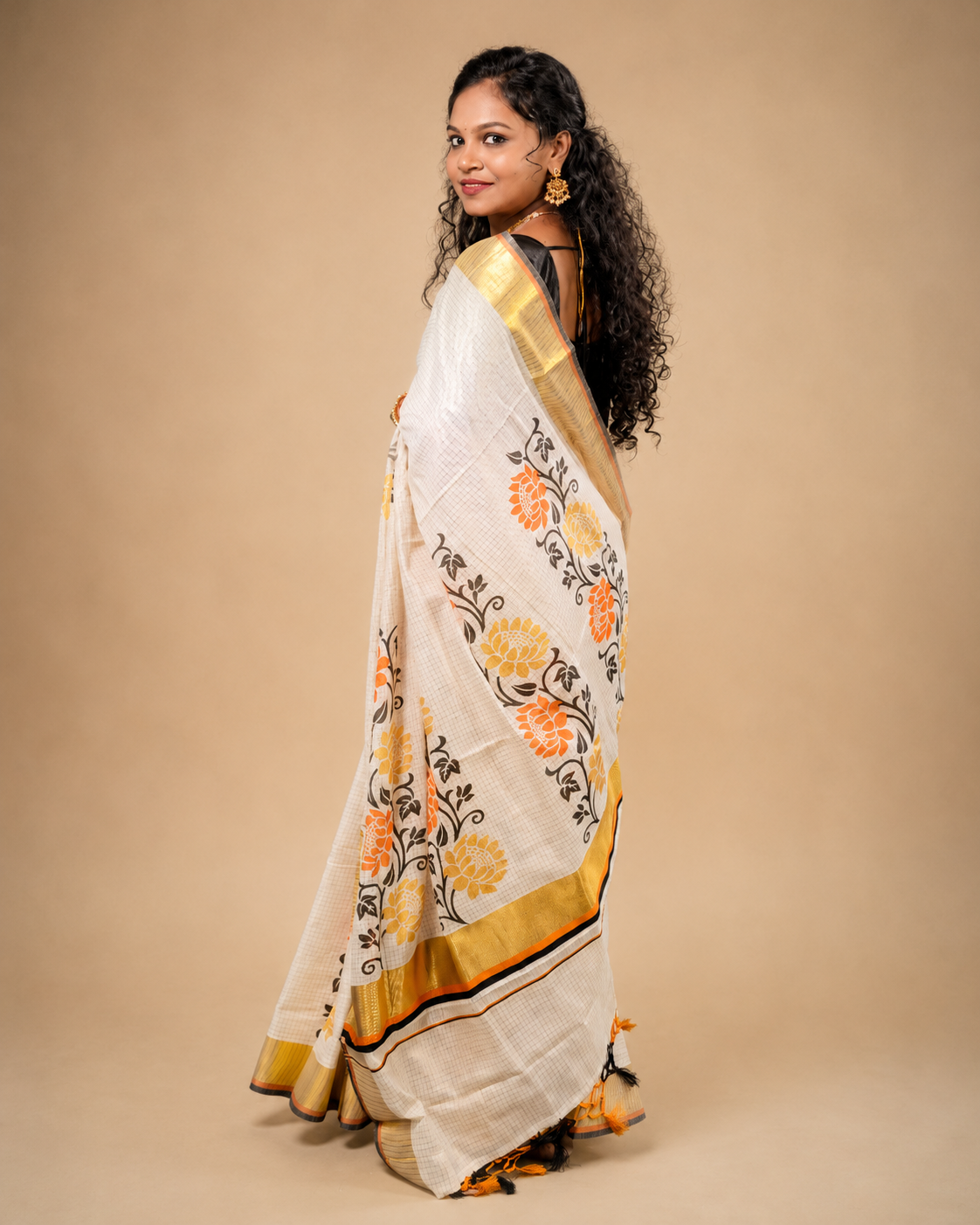 Enteloom Kerala Cotton Kasavu Saree with Floral Print, Black And Orange Border