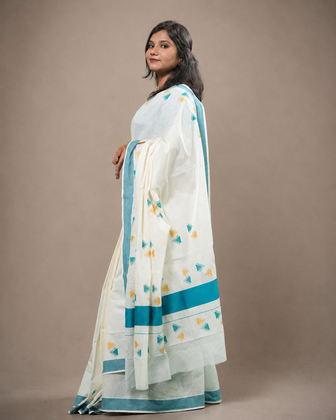 Enteloom Kerala Cotton Saree with Cyan And Golden Print, Cyan Border