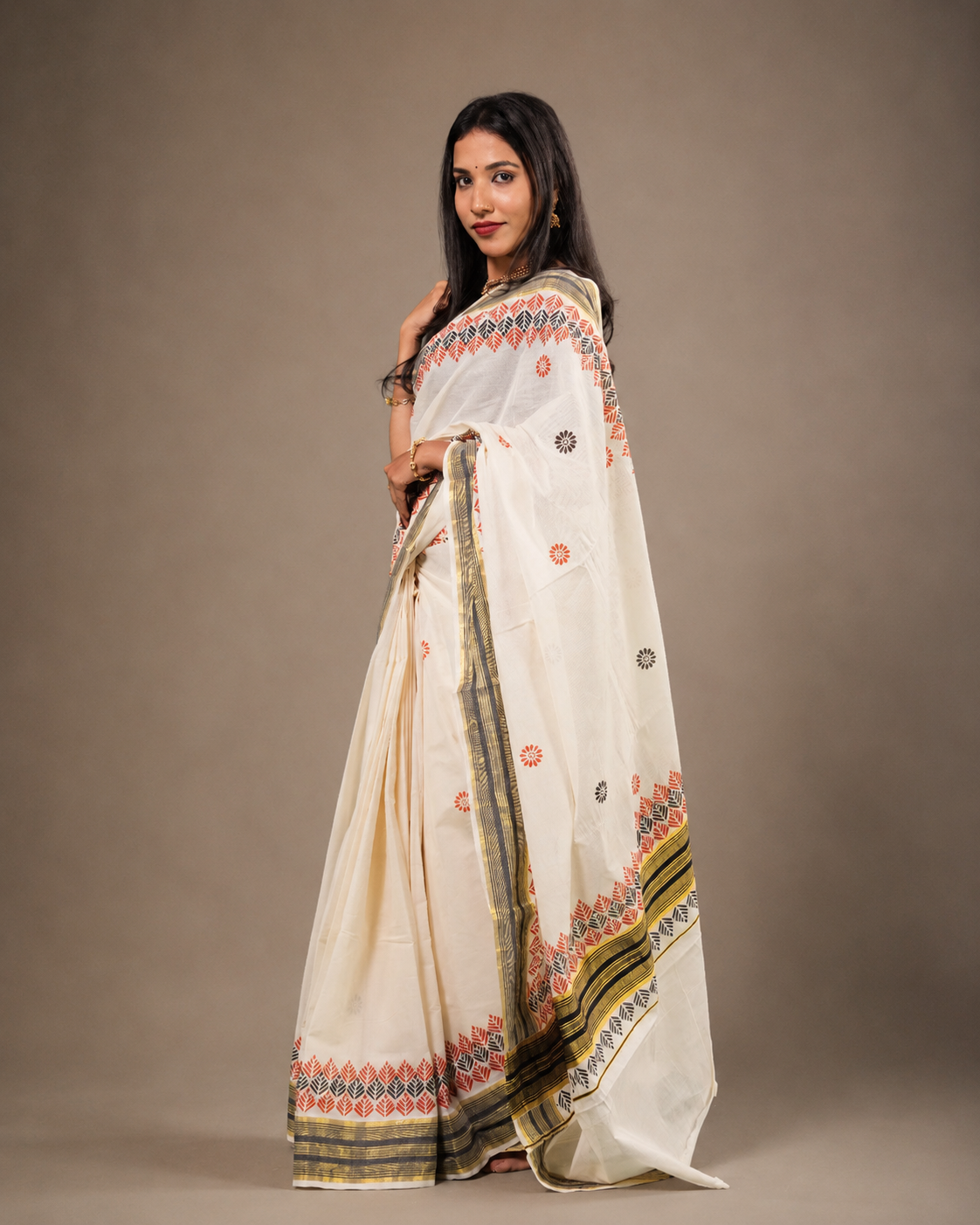 Enteloom Kerala Cotton Saree with Orange And Black Print, Golden And Black Border