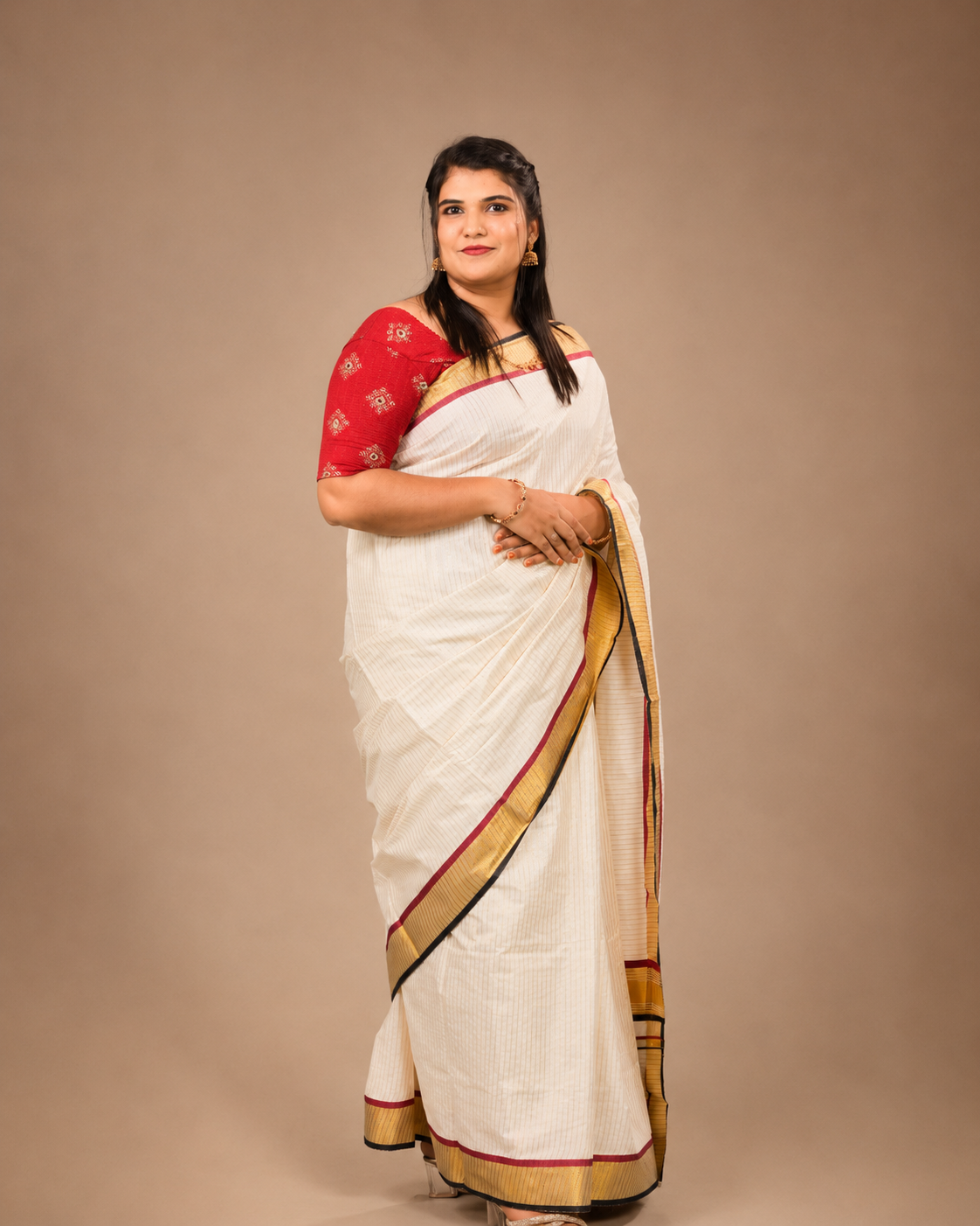 Enteloom Kerala Saree Pure Cotton With stripe, Red and Black Border