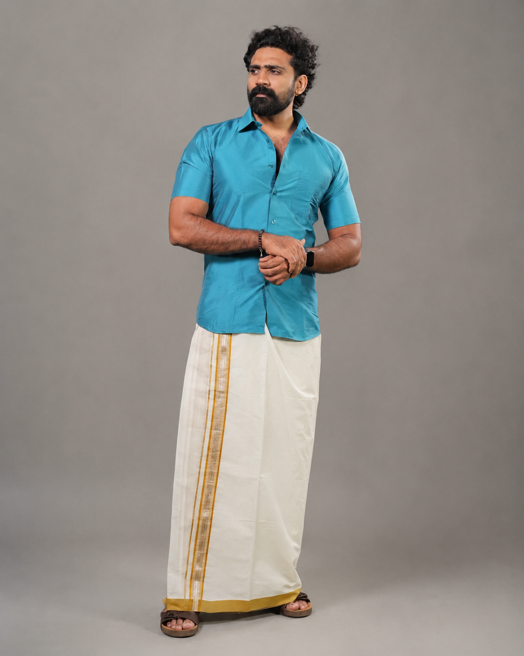 Enteloom purecotton Kerala Double Mundu with silver and colour kara