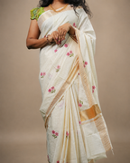 Enteloom Kerala Cotton Saree with Floral Embroidery Works and Golden Stripes