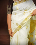 Enteloom Pure Cotton Kerala Kasavu Saree with Krishna pattern threaded with golden colour thread and Temple Border