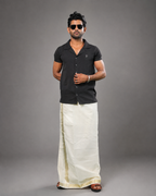 Enteloom Unakkupaavu Handloom Kasavu Double Mundu (100x100) with Jacquard Kasavu Design Gold Border