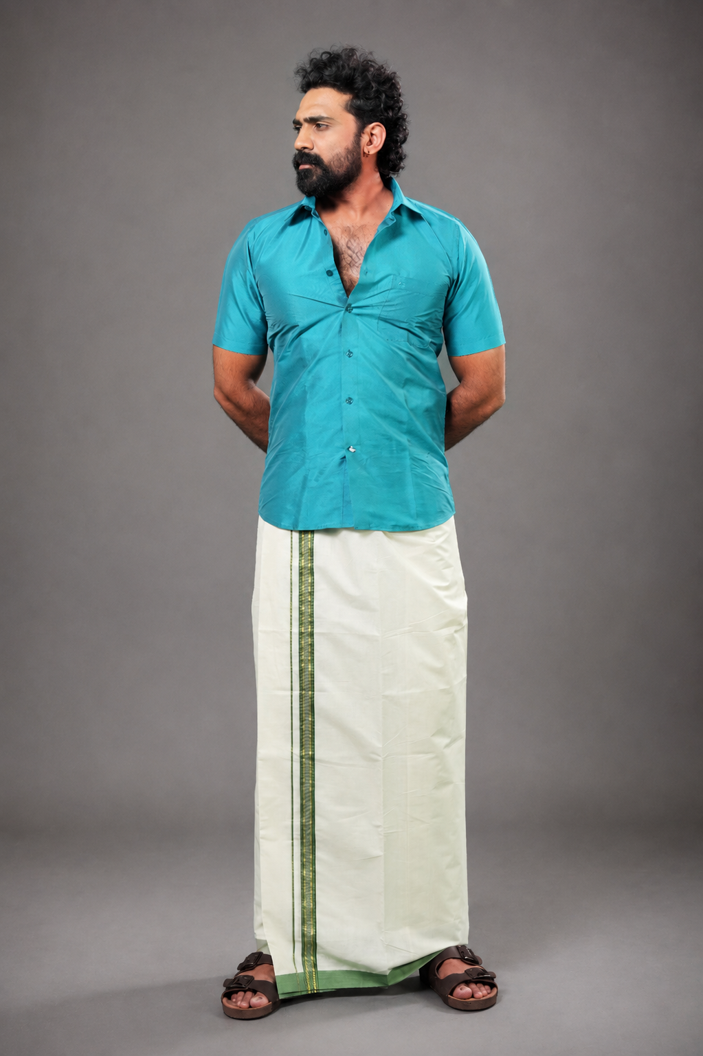 Enteloom Fancy Double Mundu with Green, Gold And Silver Kara
