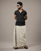 Enteloom Unakkupaavu Handloom Kasavu Double Mundu (100x100) with Jacquard Kasavu Design Gold And Black Border