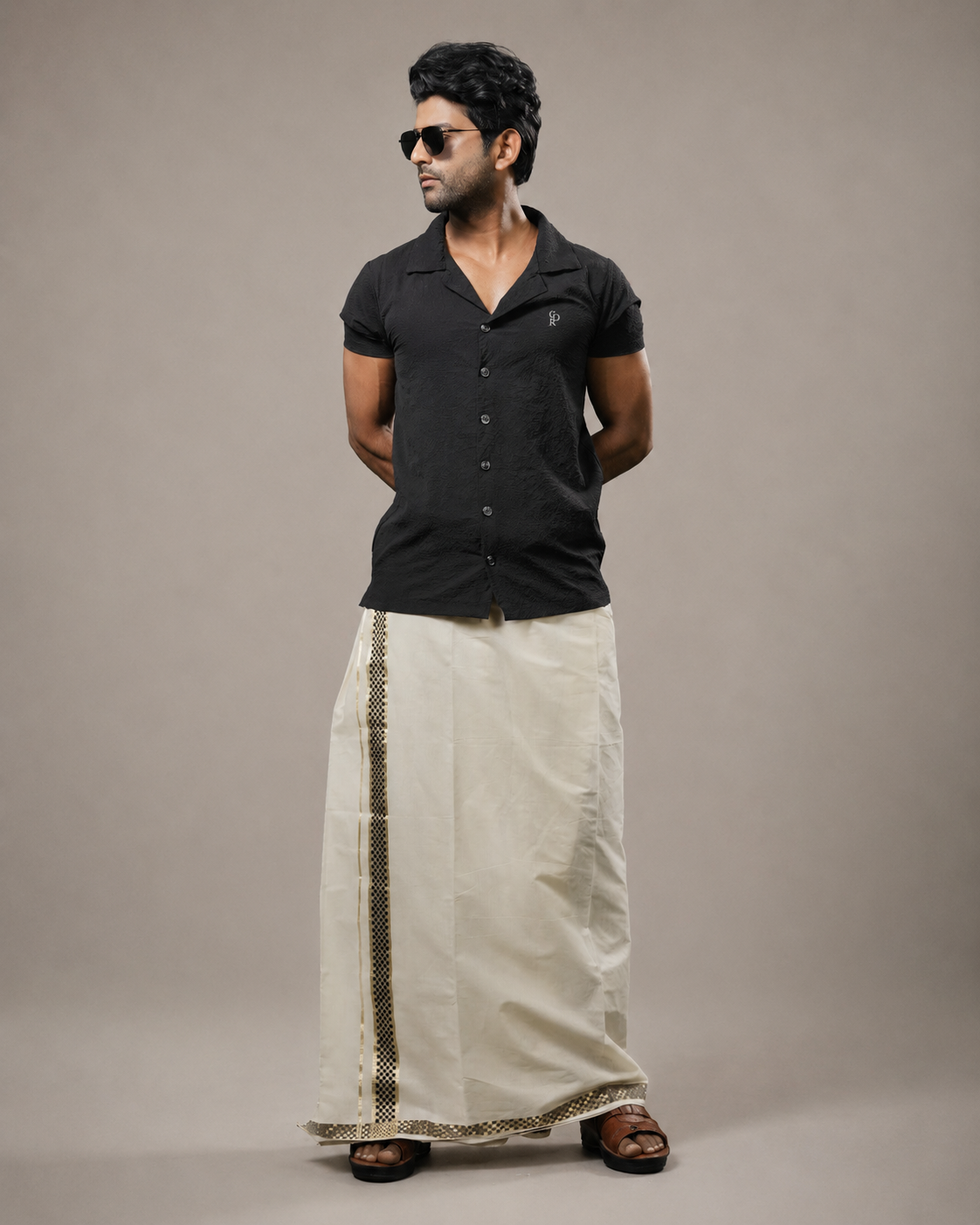 Enteloom Unakkupaavu Handloom Kasavu Double Mundu (100x100) with Jacquard Kasavu Design Gold And Black Border